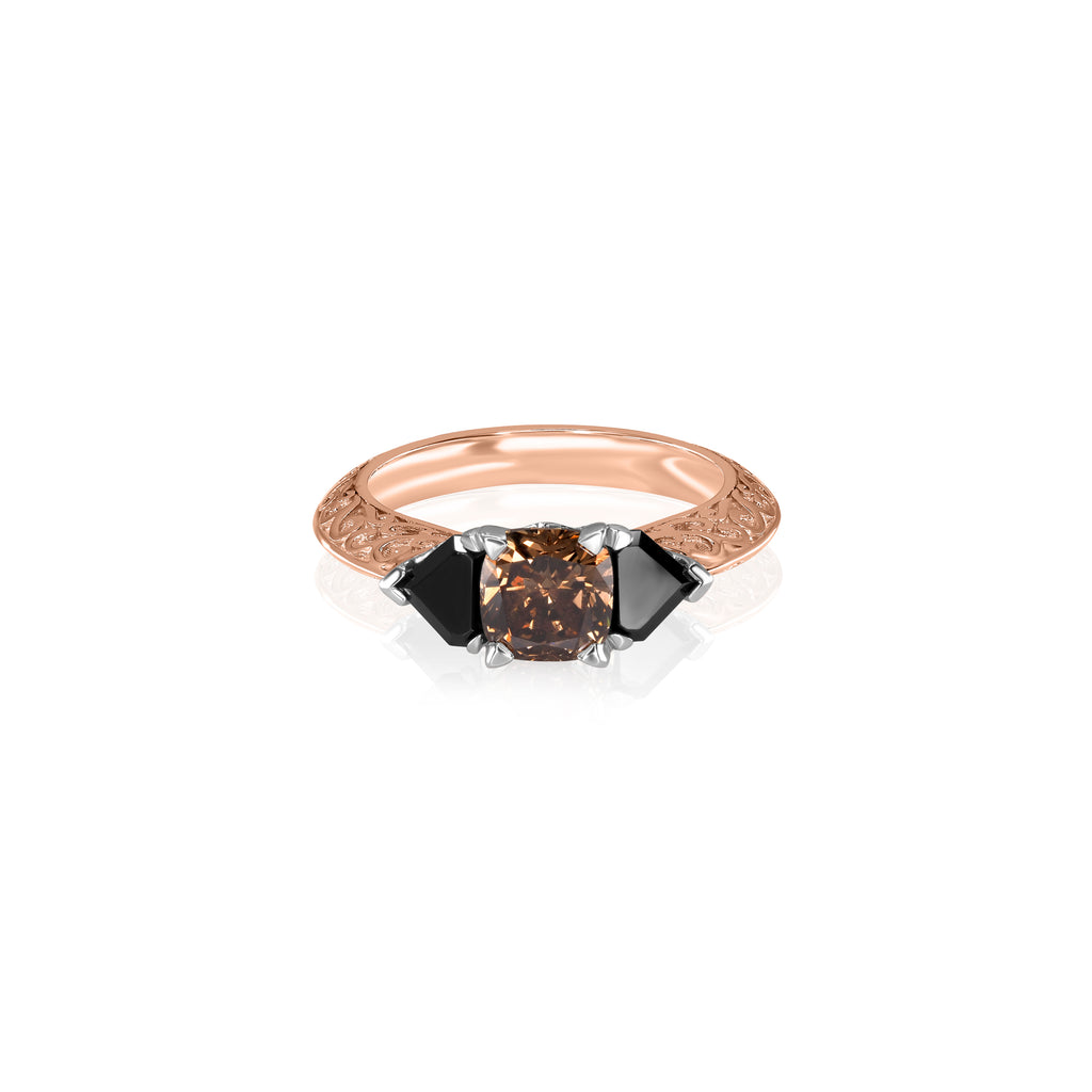 Antique Style Cognac & Black Diamond Alternative Engagement Ring