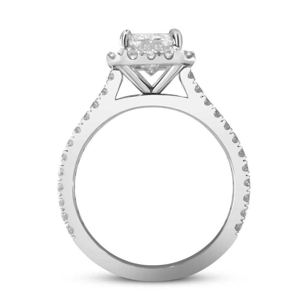 White gold engagement ring with a central diamond and smaller diamonds around the band.