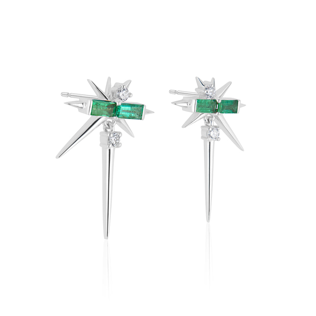 Pair of star-shaped silver earrings with green rectangular gemstones and small diamonds.