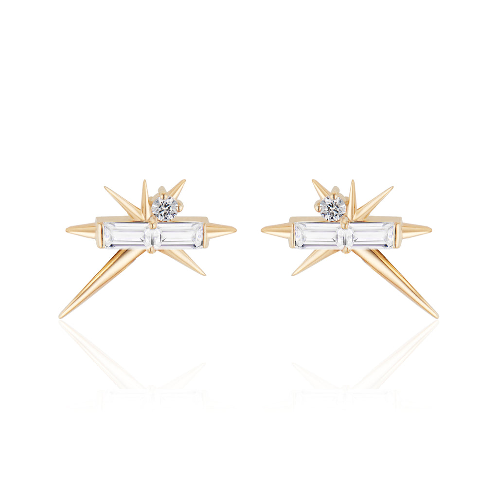 A pair of star-shaped gold earrings with diamond accents on a white background.