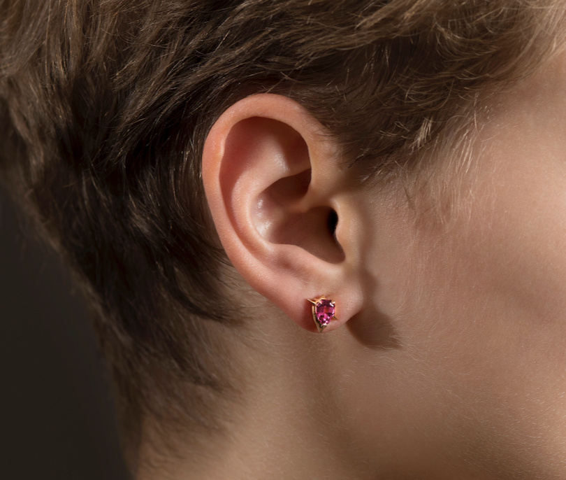 Yellow Gold - Pink Garnet Stud Earrings - Shield