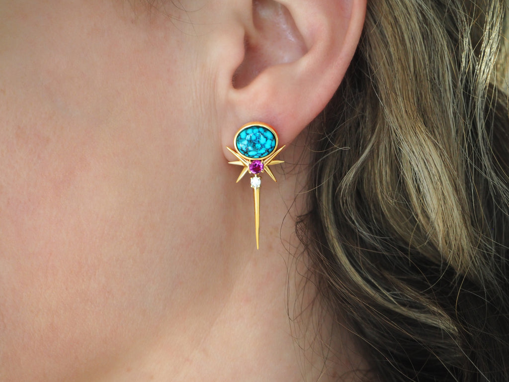 Close-up of a turquoise and gold earring with a purple accent on a person's ear.